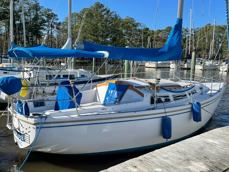 Slide: The Image of 1982 Catalina 30 sailboat docked at marina with blue covers and fenders. - 4