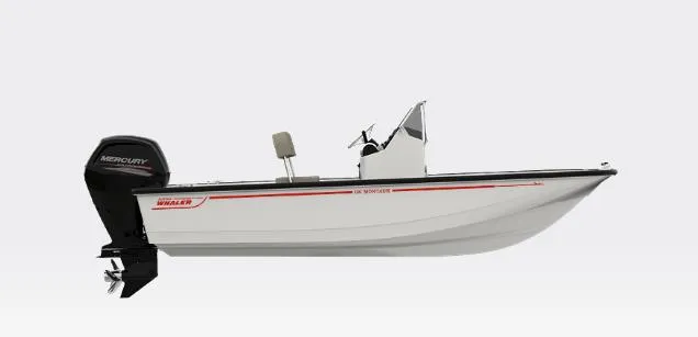 Slide: The Image of 2026 Boston Whaler 150 Montauk boat with Mercury outboard motor, side view. - 8
