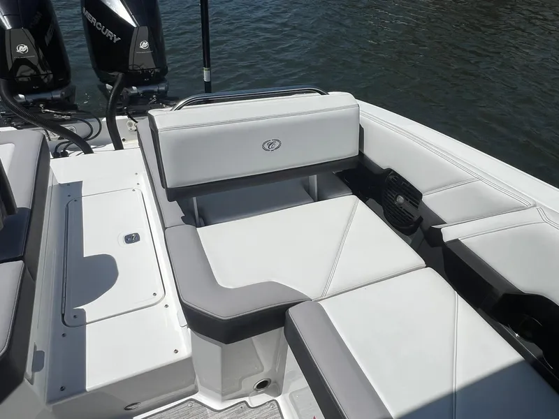 Slide: The Image of 2022 Cobalt R8 Outboard boat interior with sleek seating and modern design. - 22
