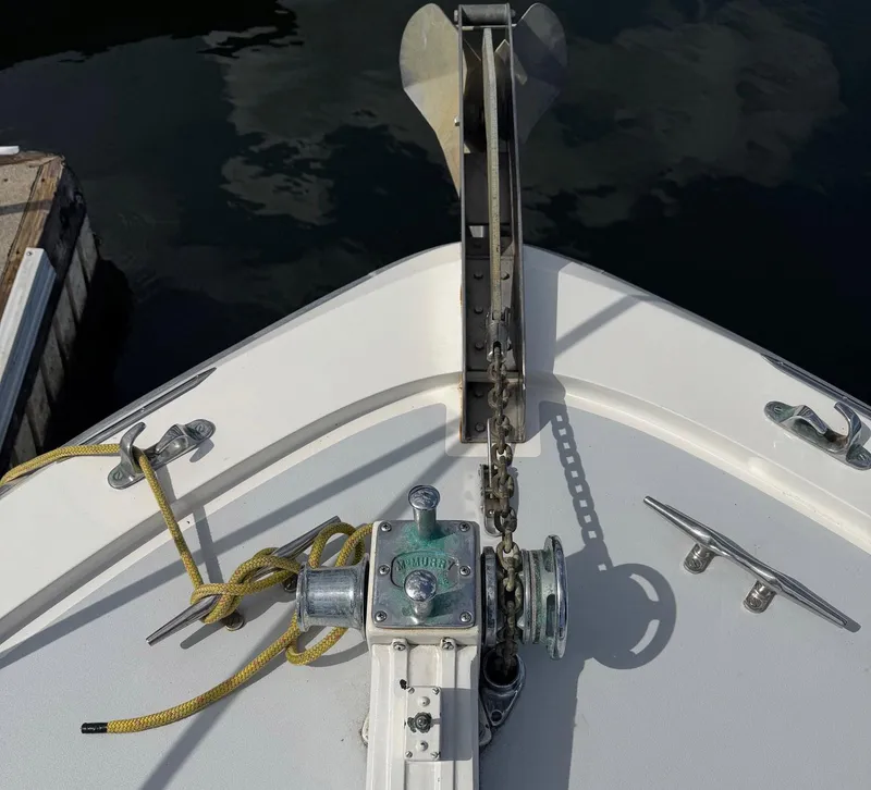 Slide: The Image of Bow of 1968 Hatteras 38 Double Cabin with anchor and winch system. - 15