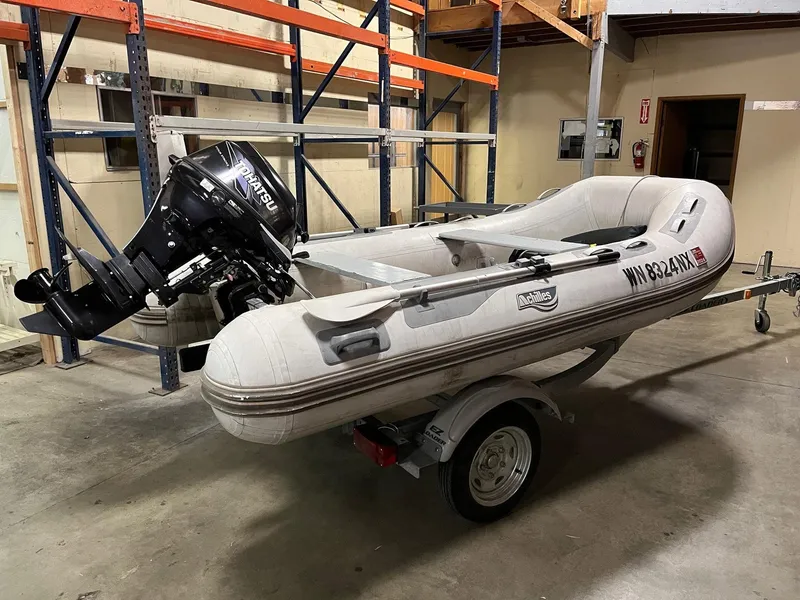 Slide: The Image of Inflatable boat with outboard motor on trailer in warehouse setting. - 23