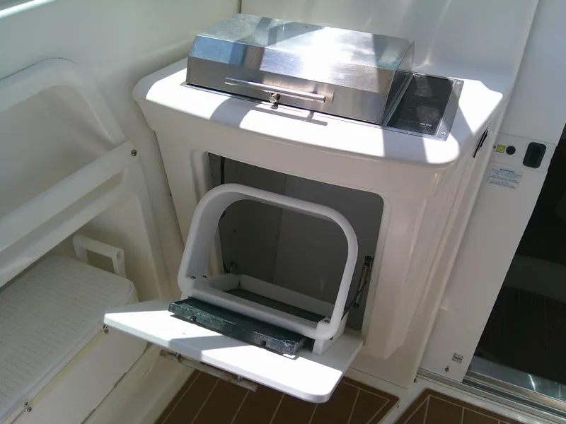 Slide: The Image of 2009 Everglades 350LX boat interior with built-in grill and storage compartment. - 13