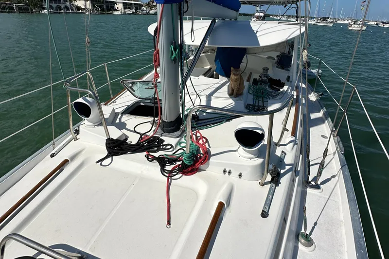 Slide: The Image of 1999 Beneteau Oceanis 40CC sailboat deck with ropes and a cat, docked in a marina. - 4
