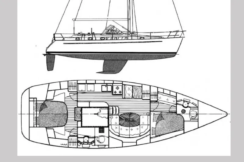 Slide: The Image of Blueprint of 1999 Beneteau Oceanis 400 sailboat, showing side profile and interior layout. - 47