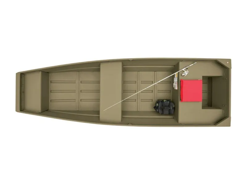 Slide: The Image of 2025 Tracker Grizzly® 1436 Utility boat, top view, olive green, with red seat and motor. - 4