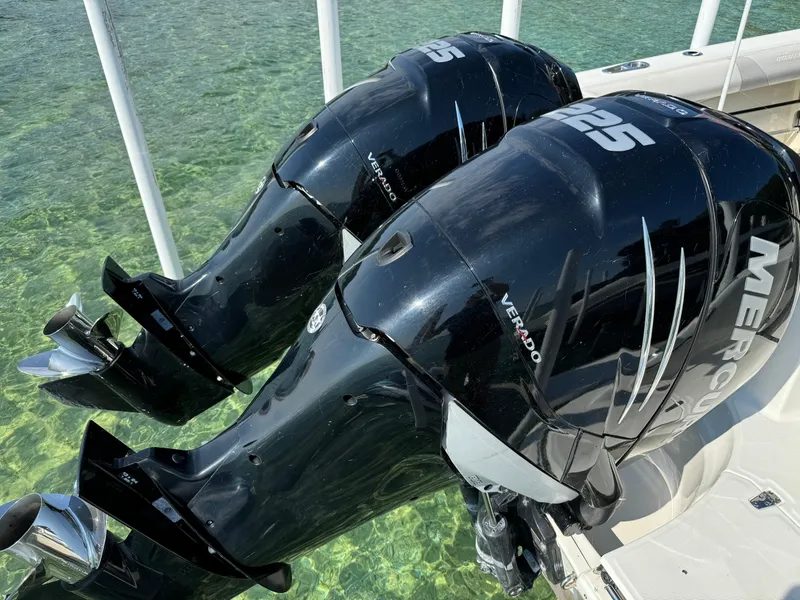 Slide: The Image of Twin Mercury Verado 225 engines on a 2015 Boston Whaler 250 Outrage boat. - 9
