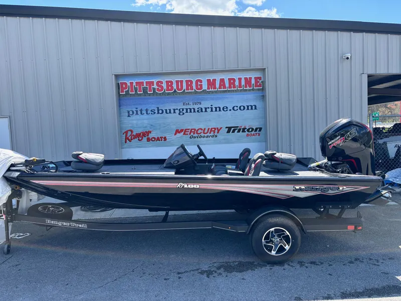 Slide: The Image of 2025 Ranger RT188 boat at Pittsburg Marine dealership, featuring sleek design and modern features. - 1