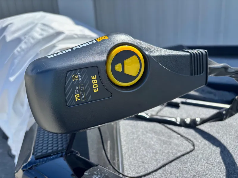 Slide: The Image of Minn Kota Edge trolling motor on 2025 Ranger RT188 boat, close-up view. - 2