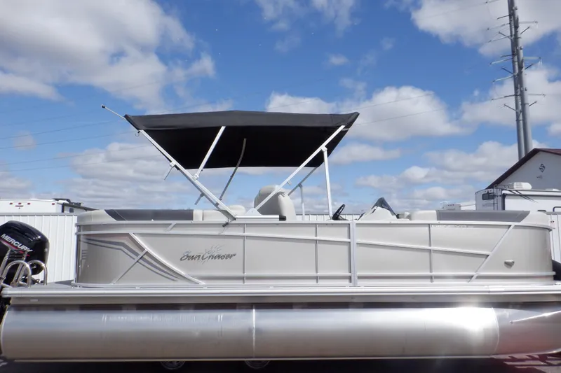 Slide: The Image of Underneath view of 2024 SunChaser Geneva Cruise 22 LR DH pontoon boat structure. - 13