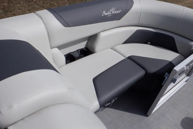Slide: The Image of 2024 SunChaser Geneva Cruise 22 LR DH boat seating, featuring gray and white cushioned upholstery. - 15