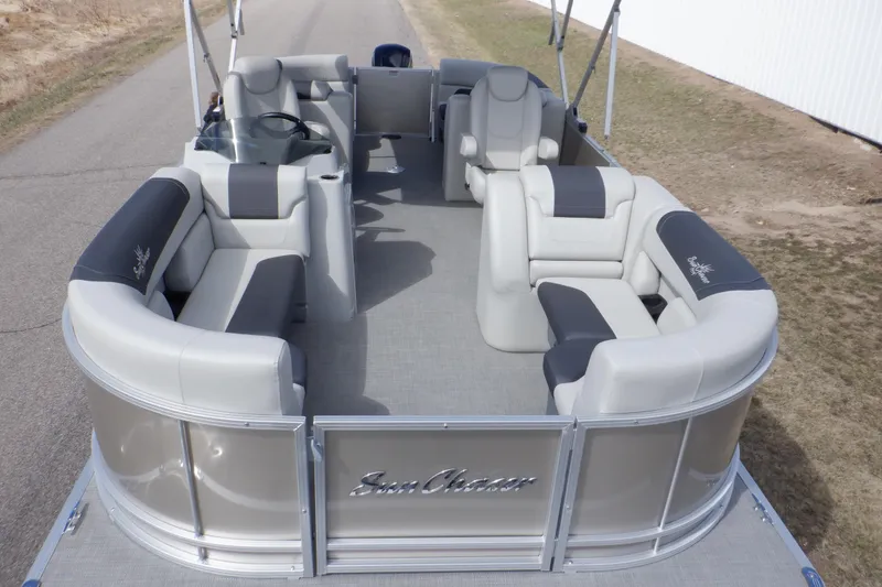 Slide: The Image of 2024 SunChaser Geneva Cruise 22 LR DH pontoon boat with spacious seating and modern design. - 3