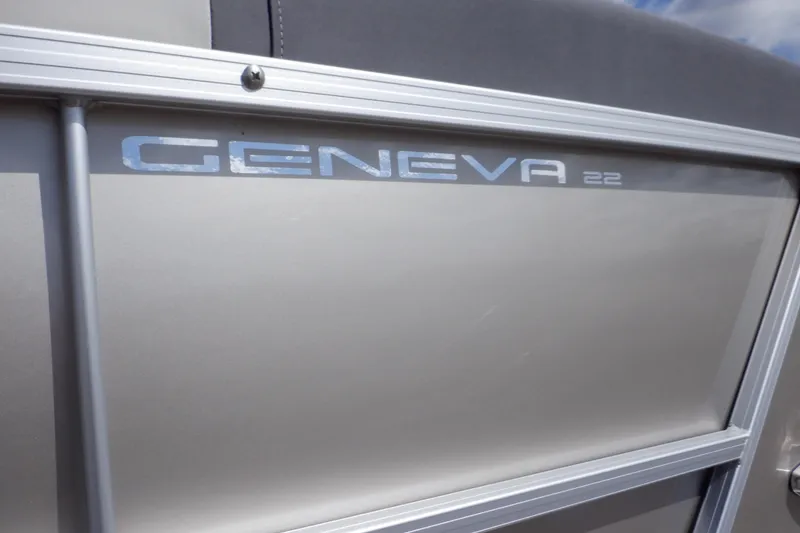 Slide: The Image of 2024 SunChaser Geneva Cruise 22 LR DH pontoon detail, showcasing aluminum construction and design. - 34