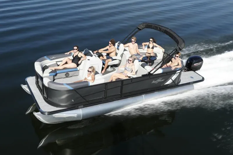 Slide: The Image of 2024 SunChaser Geneva Cruise 22 LR DH pontoon detail on asphalt surface. - 36