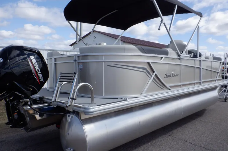 Slide: The Image of 2024 SunChaser Geneva Cruise 22 LR DH pontoon boat with spacious seating and modern design. - 4