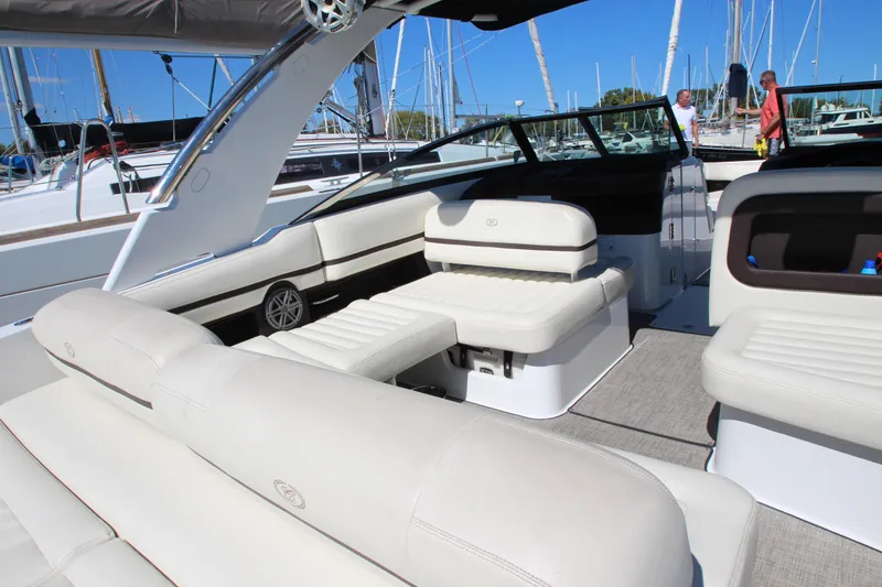 Slide: The Image of Luxurious 2016 Cobalt R30 boat interior with plush seating and sleek design. - 34
