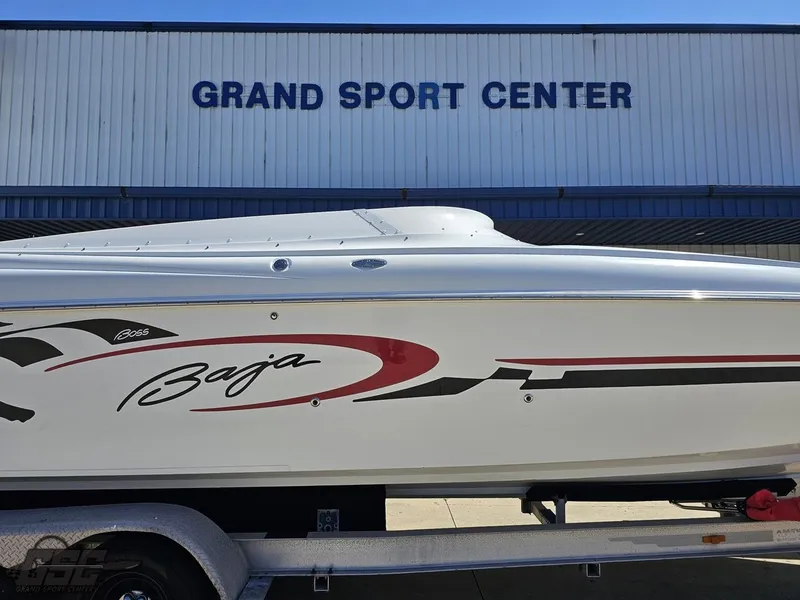 Slide: The Image of 2002 Baja 342 boat at Grand Sport Center, side view on trailer. - 4