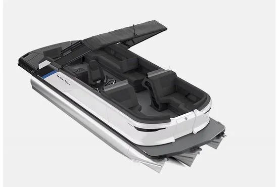 Slide: The Image of 2025 Manitou 22 Explore MAX Deck Navigator with 150hp Rotax Stealth Motor, sleek design. - 2