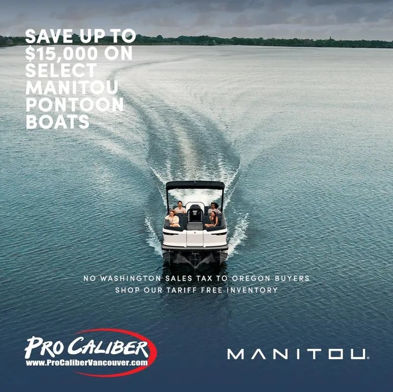 Slide: The Image of 2025 Manitou 22 Explore MAX Deck Navigator on water, promotional offer for pontoon boats. - 3