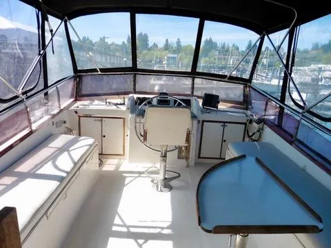Slide: The Image of 1984 Ponderosa 42 boat interior with helm, seating, and table, featuring large windows and bright lighting. - 12