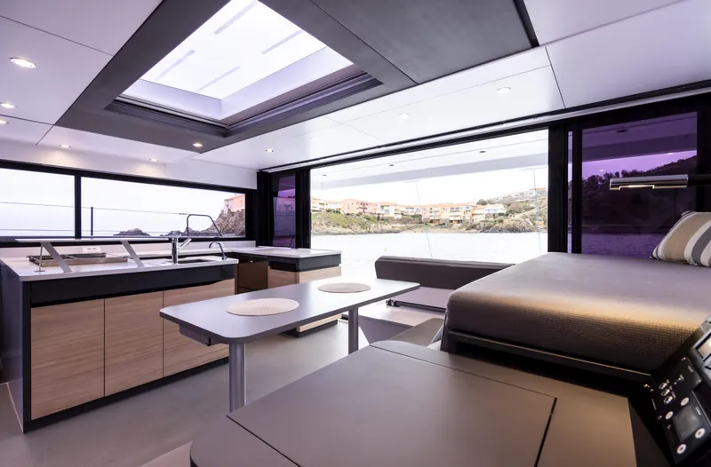 Slide: The Image of Luxurious interior of 2026 Windelo 50 Adventure yacht with modern design and panoramic windows. - 16