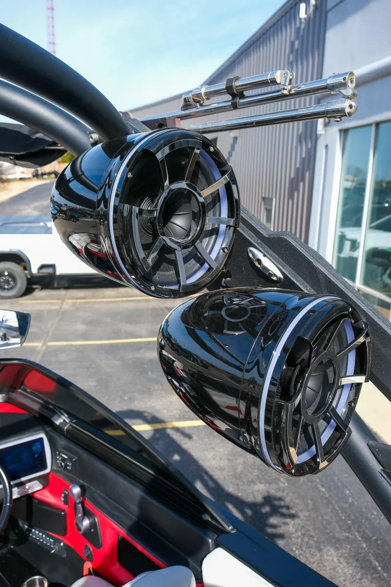 Slide: The Image of 2017 Malibu Wakesetter 22 MXZ boat speakers, mounted on a sleek black frame. - 29