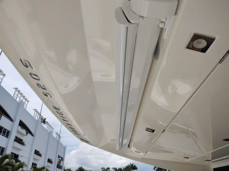Slide: The Image of 2020 Prestige 520S yacht underside view with sleek design and modern features. - 7