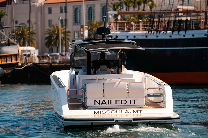 Slide: The Image of 2022 Pardo Yachts 38 cruising in a harbor, named "Nailed It," Missoula, MT. - 3