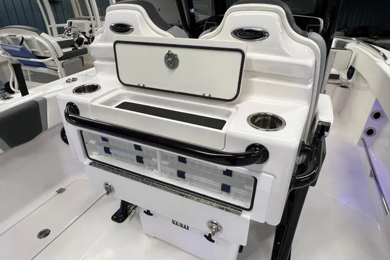 Slide: The Image of 2025 Robalo R250 Center Console interior with modern seating and blue speaker. - 17