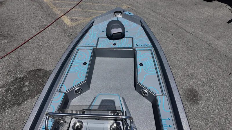 Slide: The Image of 2025 Xpress H22B boat deck with modern design and blue accents. - 36