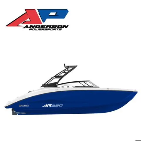 Slide: The Image of 2025 Yamaha Boats AR250, blue and white, side view, Anderson Powersports logo. - 1