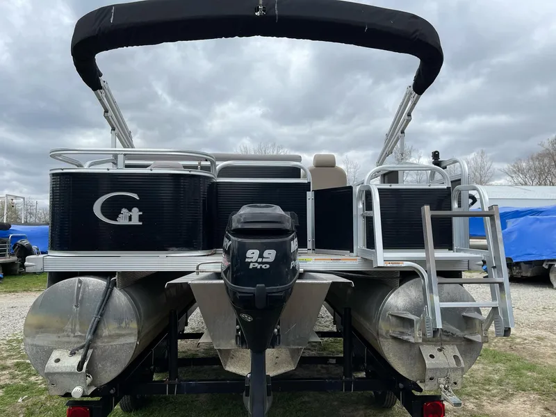 Slide: The Image of 2014 Grand Island 2085 QF pontoon boat with 9.9 Pro motor, rear view. - 3