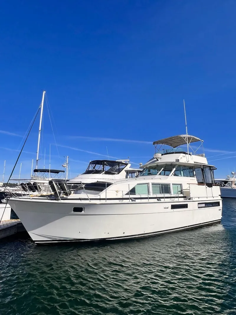 Slide: The Image of 1977 Bertram 42 Motor Yacht docked under clear blue sky. - 3