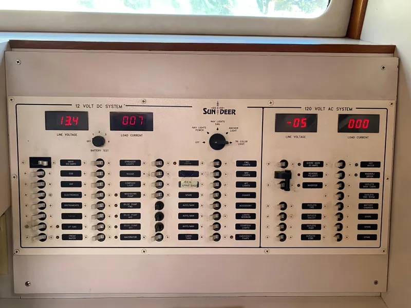 Slide: The Image of Electrical control panel of a 1995 Sundeer 56 yacht, featuring 12V and 110V systems. - 21