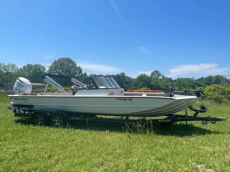 Slide: The Image of 2022 SeaArk ProCat 240 boat on trailer in grassy field under clear blue sky. - 0