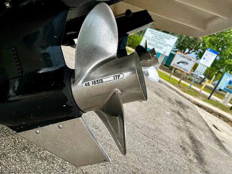 Slide: The Image of Close-up of a 2005 Sea Ray 280 Sundancer boat propeller on a trailer. - 22