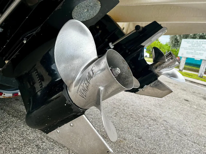 Slide: The Image of Close-up of 2005 Sea Ray 280 Sundancer propellers on a trailer. - 24