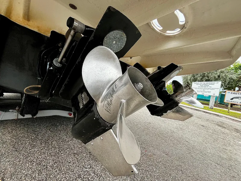 Slide: The Image of Close-up of 2005 Sea Ray 280 Sundancer propellers on a trailer. - 25