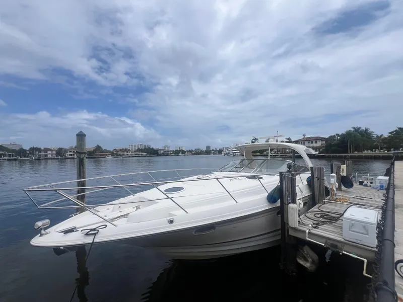 The Image of 2003 Regal Commodore 4260 yacht docked at marina under cloudy sky. - 8