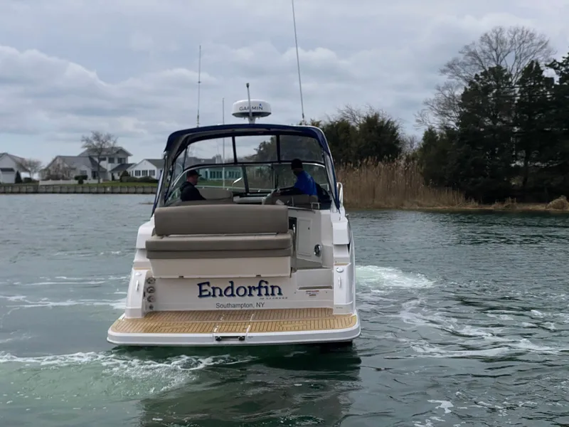 Slide: The Image of 2015 Regal 32 Express boat named "Endorfin" cruising in a calm waterway. - 10