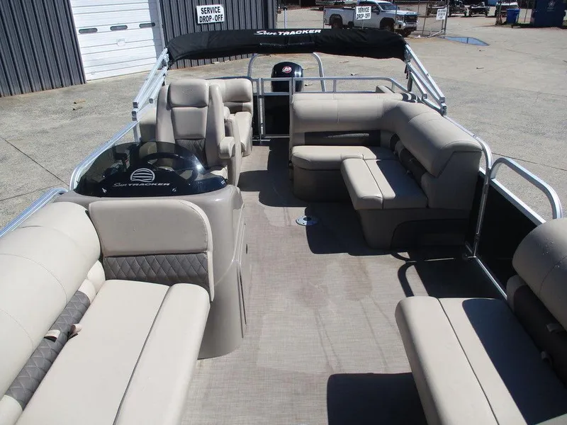 Slide: The Image of 2020 Sun Tracker PARTY BARGE® 22 RF DLX pontoon boat with spacious seating and modern design. - 4