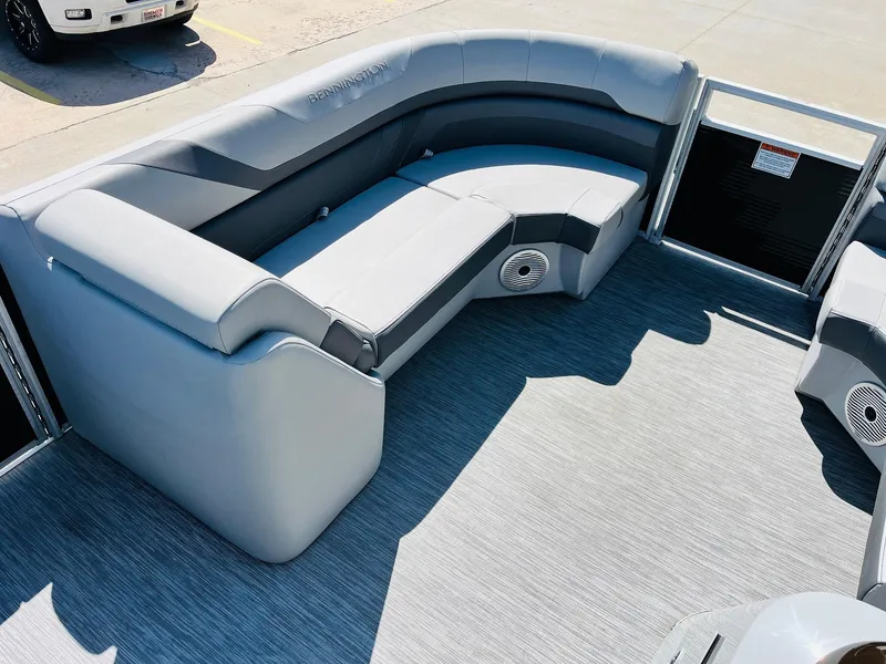 Slide: The Image of 2021 Bennington SX 22 Stern Lounge with gray seating and spacious deck. - 13