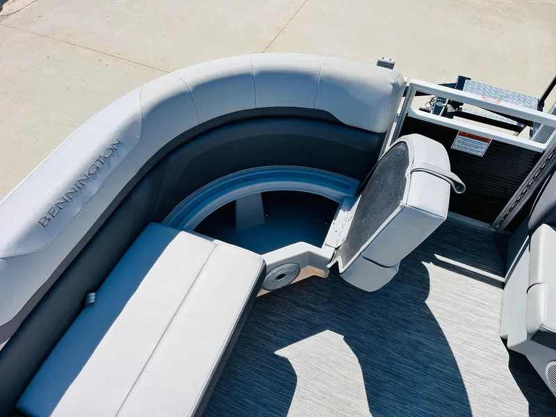 Slide: The Image of 2021 Bennington SX 22 Stern Lounge interior with gray seating and modern design. - 16