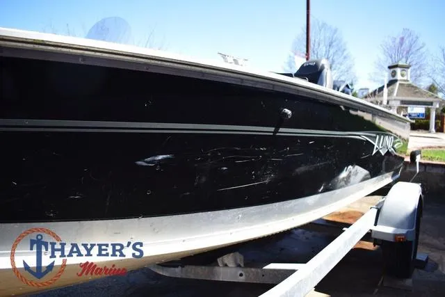 Slide: The Image of 2015 Lund 1800 Alaskan boat on trailer, black exterior, Thayer's Marine logo visible. - 29