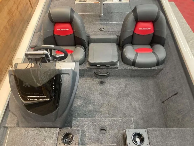 Slide: The Image of 2025 Tracker Pro Team™ 190 boat interior with dual seats and steering console. - 9