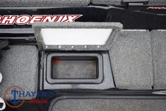 Slide: The Image of 2019 Phoenix Bass Boats 920 livewell compartment with Thayer's Marine logo. - 22