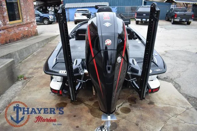 Slide: The Image of 2019 Phoenix Bass Boats 920, black with red accents, displayed at Thayer's Marine. - 4