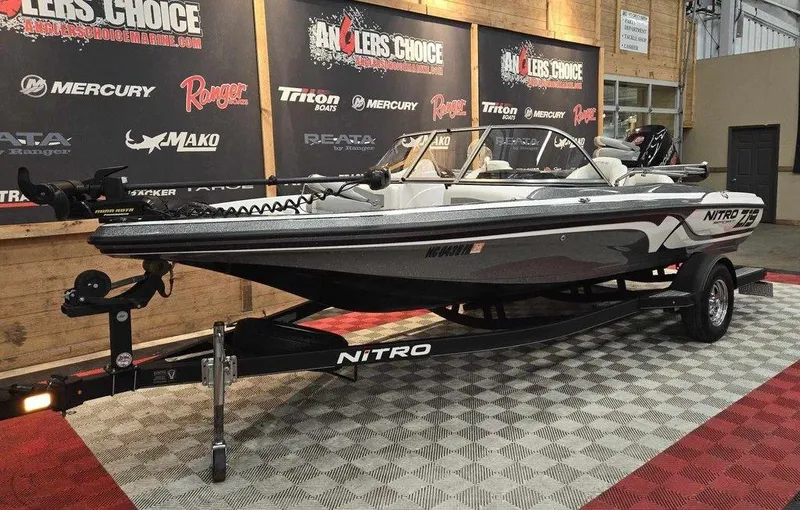 Slide: The Image of 2018 Nitro Z19 Sport boat on display at a showroom with promotional banners. - 4