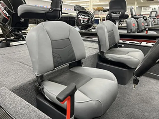Slide: The Image of 2025 Tracker BASS TRACKER® Classic XL boat interior with gray seating and Mercury engine. - 6