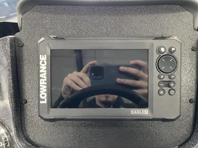 Slide: The Image of Lowrance Eagle7 fish finder on 2025 Ranger VS1782SC Angler boat dashboard. - 27