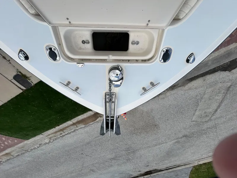 Slide: The Image of Overhead view of 2002 Grady-White 306 Bimini boat's bow with anchor and fittings. - 26